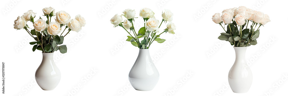 Fototapeta premium A Set of Elegant White Vase with Fresh Roses Exuding Sophistication Isolated on transparent Background