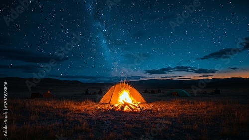 Glowing tent under a starry night sky in a serene landscape photo