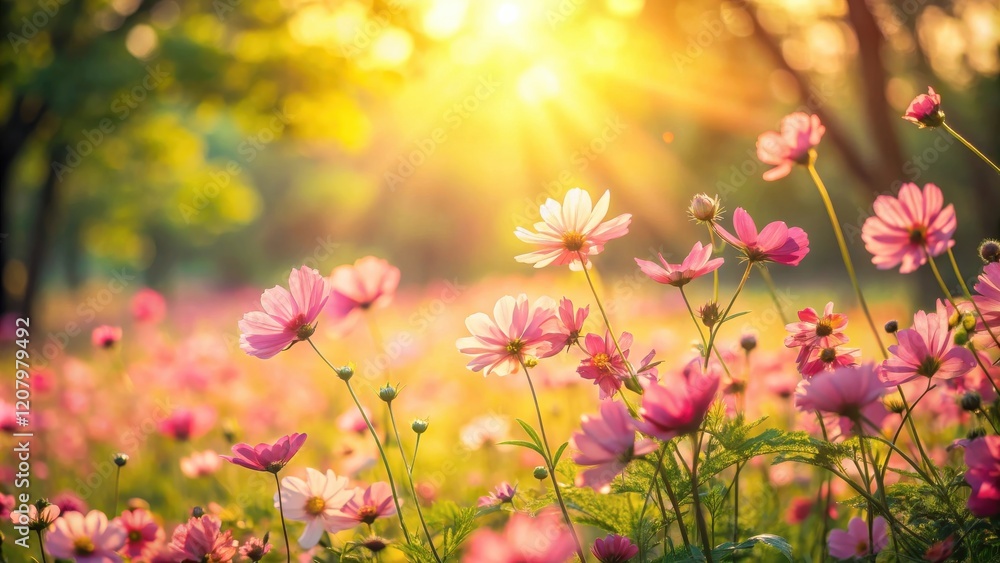 Fototapeta premium Golden Hour Blooms in a Field of Pink Flowers