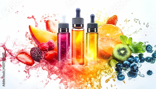Colorful vape with fruit, electronic cigarette, fresh fruit, vape juice, e-cigarette, fruit-flavored vape