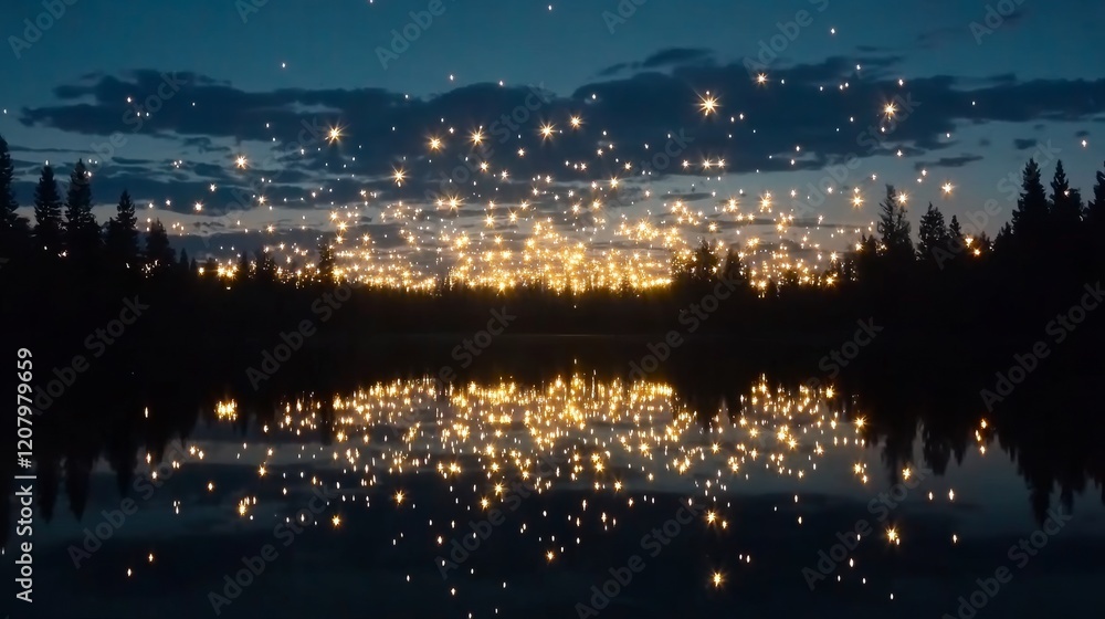 Night Lake Reflection Of Sparkling Lights Over Trees Night Lake Reflection Of Sparkling Lights Over Trees