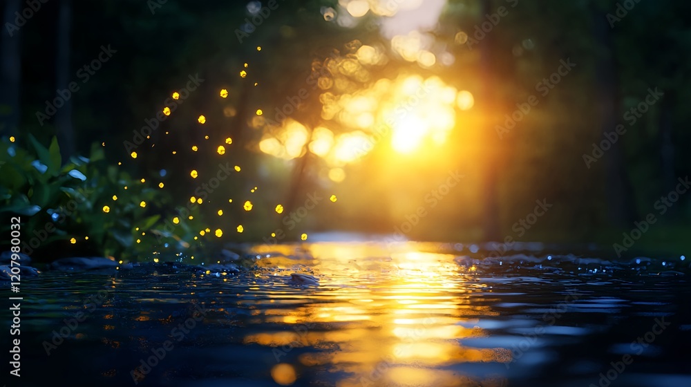 Fototapeta premium Tranquil Water Scene with Soft Sunlight and Gentle Sparkles at Dusk