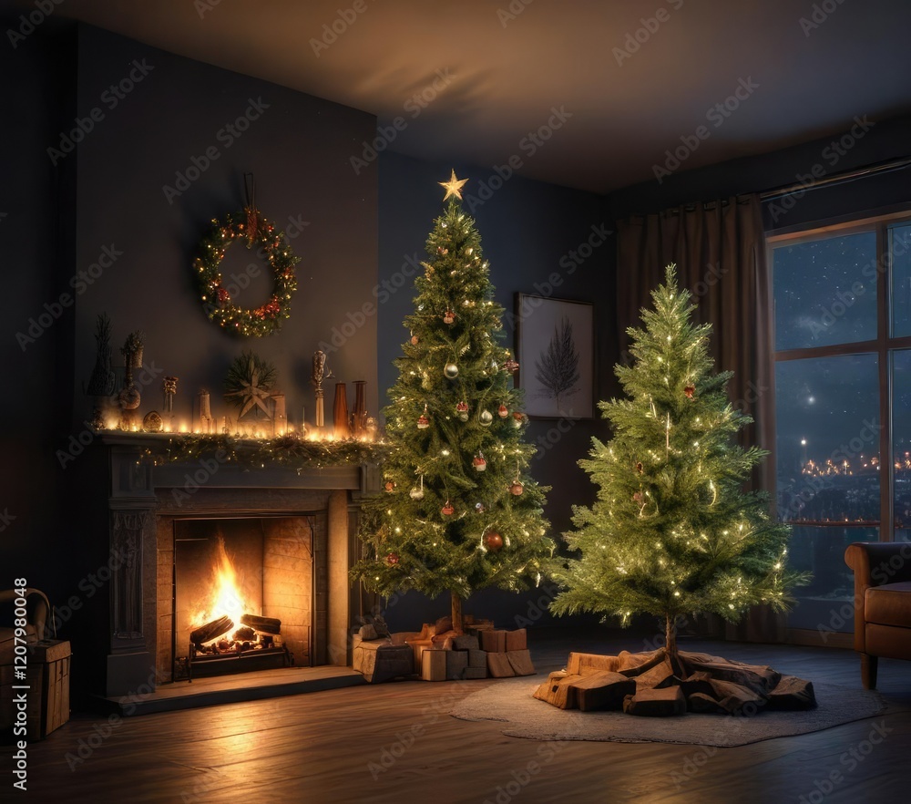 Christmas tree lit up against a dark sky with a fireplace in the background, dark sky, winter wonderland Christmas tree lit up against a dark sky with a fireplace in the background, dark sky, winter wonderland