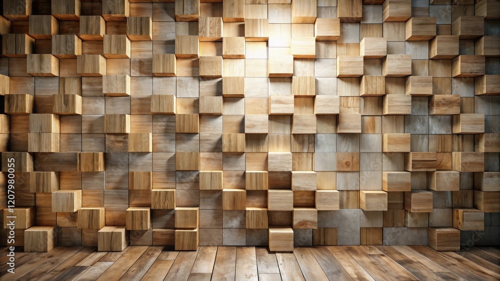 Abstract Wooden Cube Wall Design with Warm Lighting and Hardwood Floor Abstract Wooden Cube Wall Design with Warm Lighting and Hardwood Floor