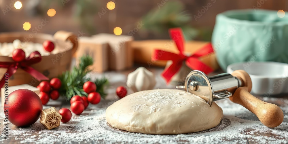 Fototapeta premium Christmas tree shaped pastry cutter placed on rolled out dough with flour sprinkled on top, festive, utensil, celebration