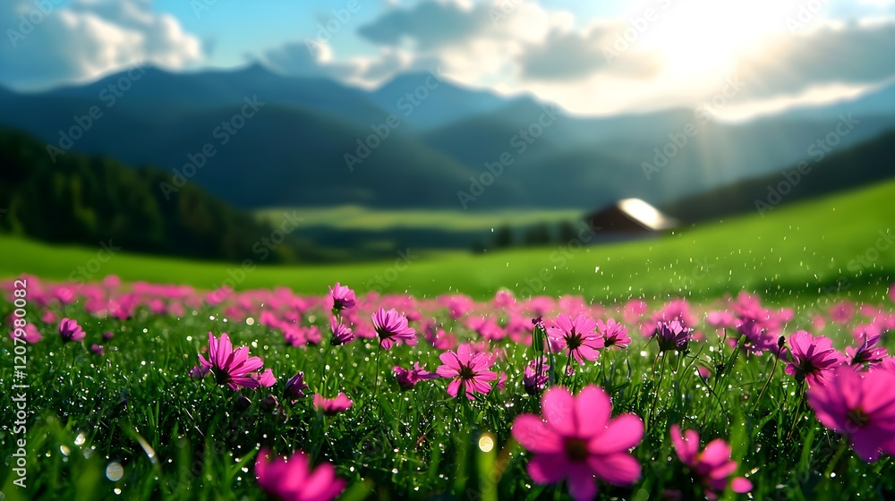 Vibrant Pink Flowers in a Scenic Mountain Landscape at Sunrise Vibrant Pink Flowers in a Scenic Mountain Landscape at Sunrise