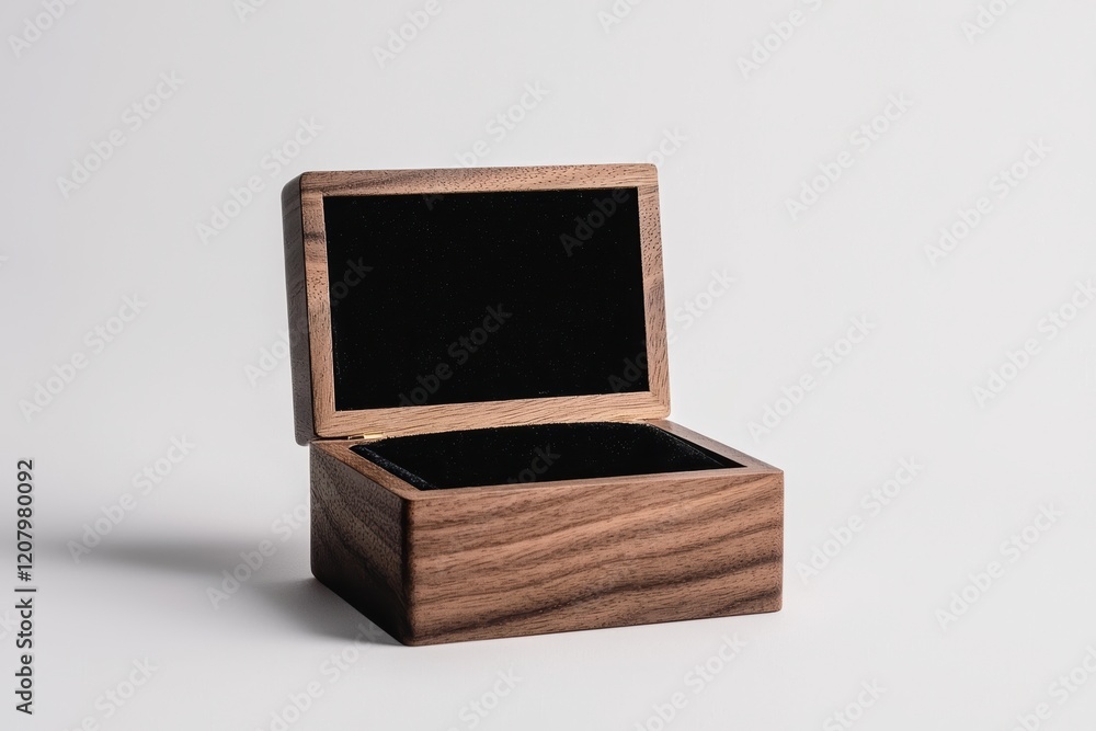 Obraz premium A small wooden jewelry box with an open lid revealing a velvet interior on a solid white background, single object