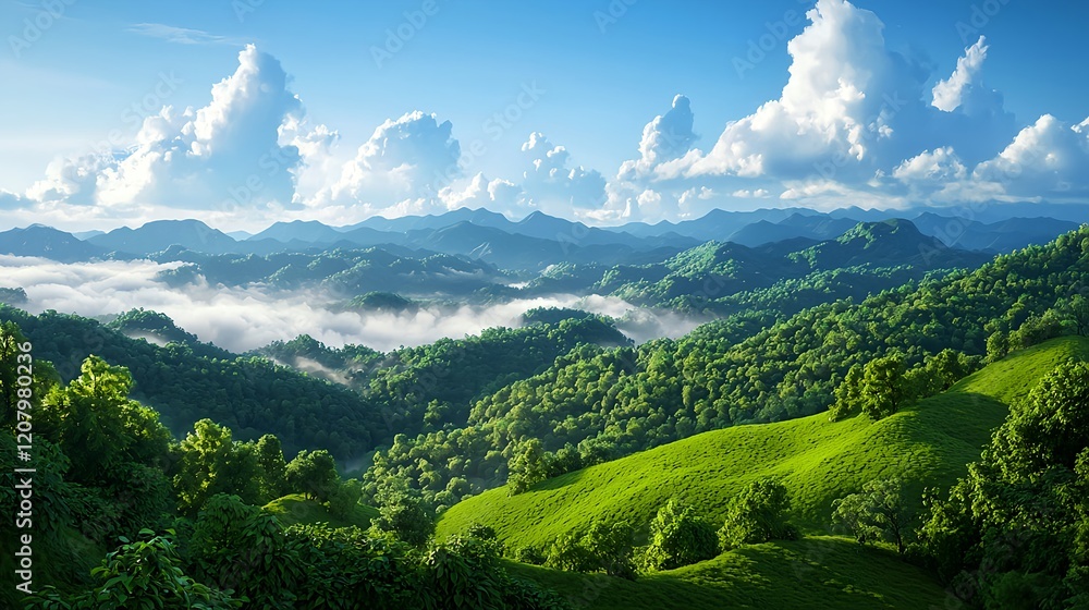 Fototapeta premium Lush Green Hills Under Bright Sky with Fluffy Clouds in Daylight