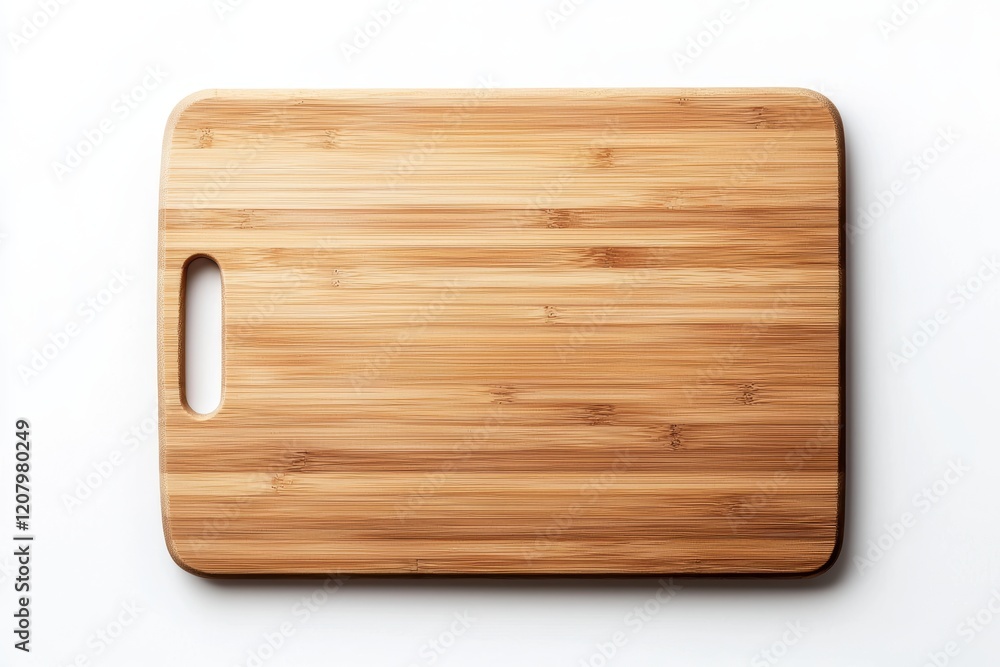 A bamboo cutting board with visible knife marks and a smooth surface lying flat on a solid white background, single object A bamboo cutting board with visible knife marks and a smooth surface lying flat on a solid white background, single object