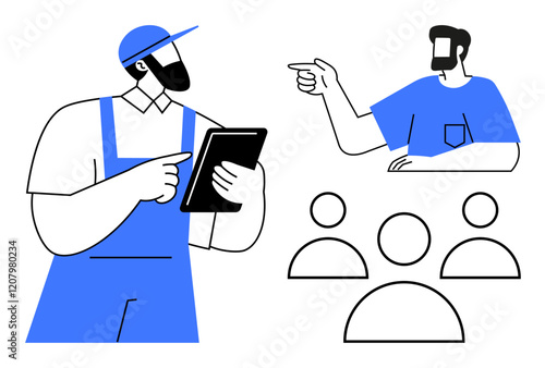Worker in overalls with tablet gets instructions from manager pointing, with an audience. Ideal for teamwork, leadership, management, communication, training, collaboration supervision. Abstract