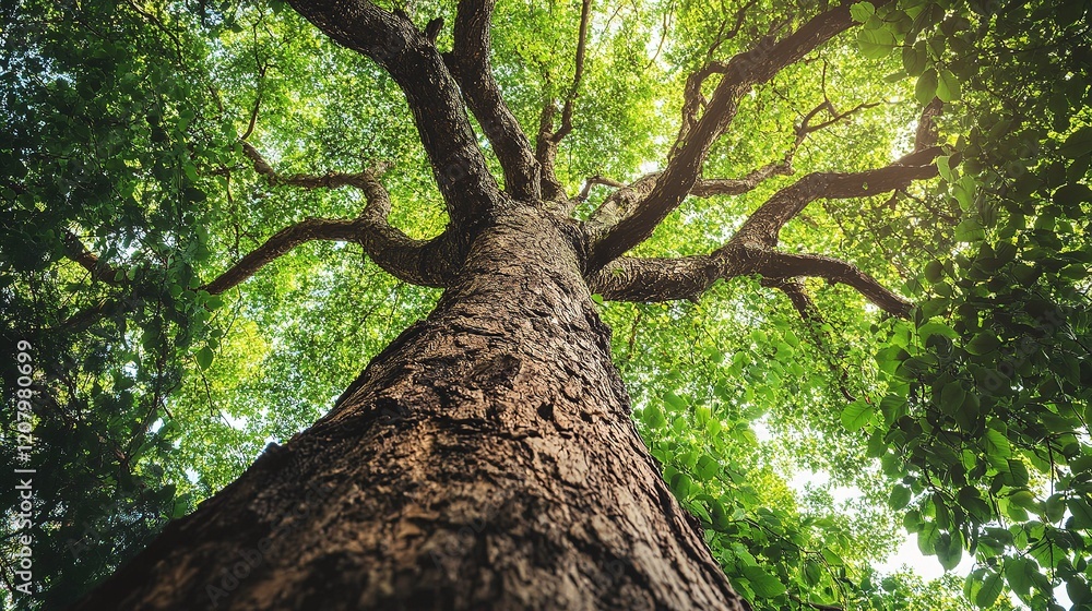 Naklejka premium Low Angle View of a Sturdy Tree with Expansive Green Branches
