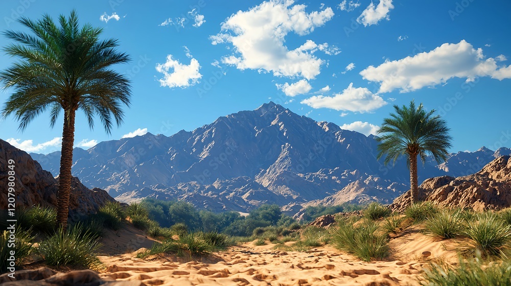 Serene Desert Landscape with Mountains and Palm Trees Under Blue Sky Serene Desert Landscape with Mountains and Palm Trees Under Blue Sky