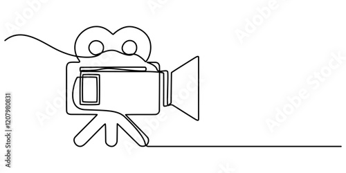 video camera icon continuous one line drawing, Continuous one line drawing of video camcorder on tripod. Camera recorder single line art vector illustration. Editable vector, vintage camera line art .