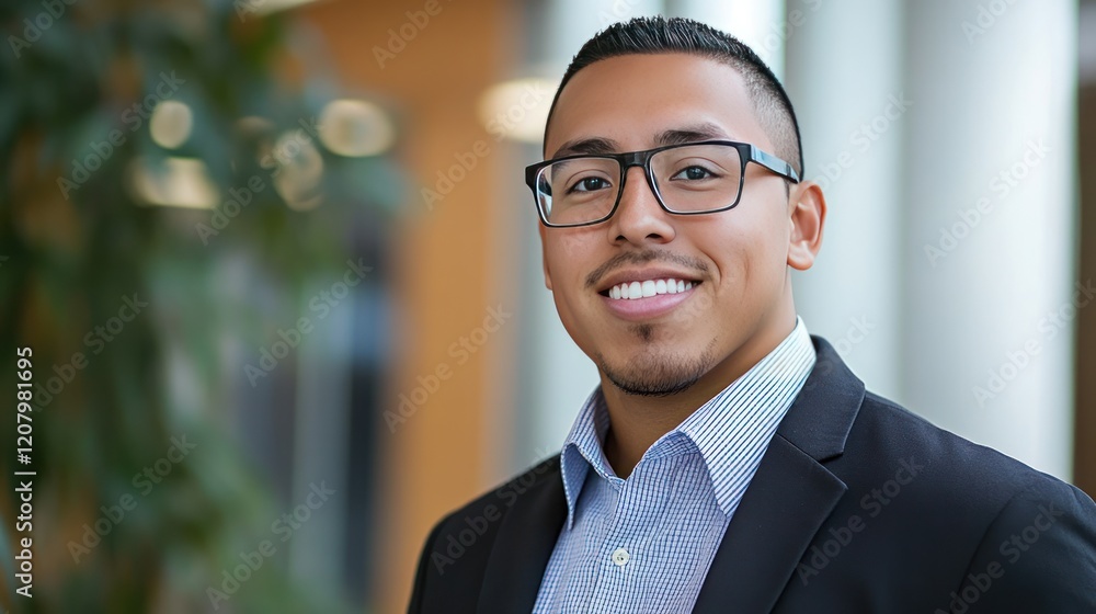 Fototapeta premium Portrait of a Confident Young Businessman Smiling in an Office Setting