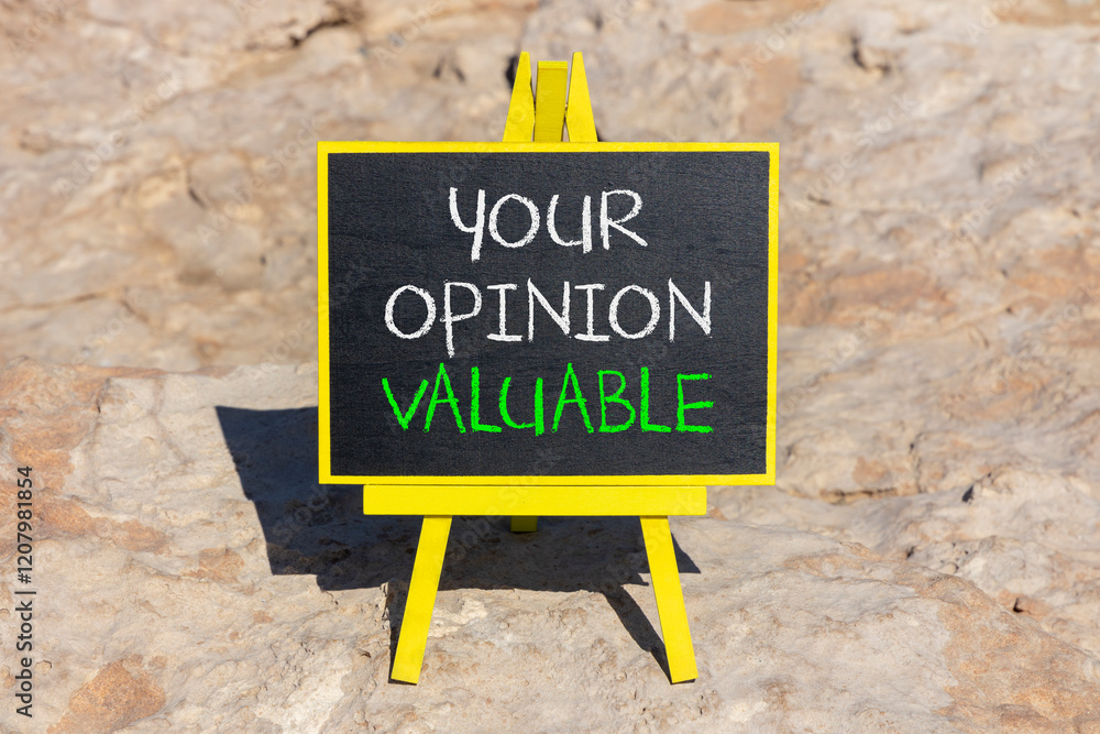 Fototapeta premium Your opinion valuable symbol. Concept words Your opinion valuable on beautiful black yellow blackboard. Beautiful stone background. Business your opinion valuable concept. Copy space.