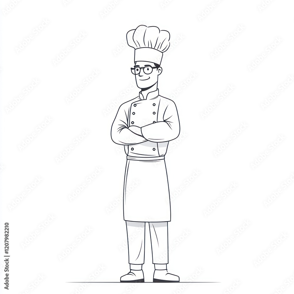 Chef stands with crossed arms in kitchen. Illustration for cookbooks, menus, or culinary blogs