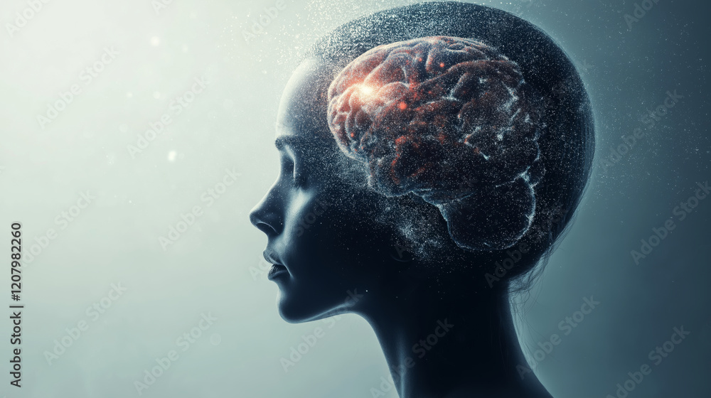 Obraz premium Illustration of a human head with the brain glowing, This visualization symbolizes artificial intelligence.