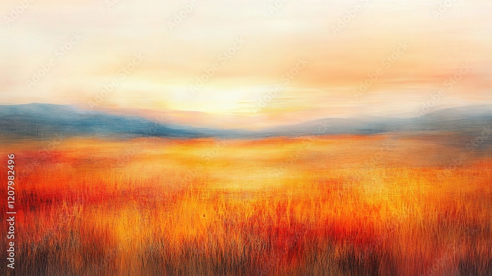 Golden Hour Horizon: A captivating abstract painting of a sun-kissed meadow, bathed in the warm hues of a setting sun. The soft, blurred lines and vibrant colors evoke a sense of peace, tranquility. Golden Hour Horizon: A captivating abstract painting of a sun-kissed meadow, bathed in the warm hues of a setting sun. The soft, blurred lines and vibrant colors evoke a sense of peace, tranquility.