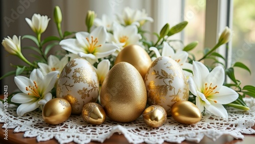 Elegant arrangement of golden easter eggs and white lilies on lace doily by window