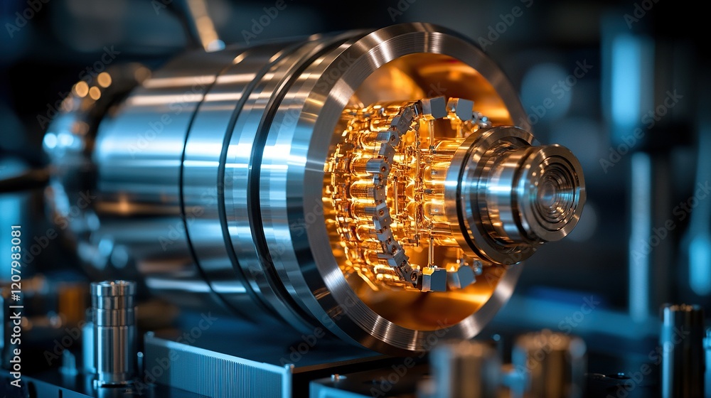 Obraz premium Precision gears in a lab device, illuminated, with tech equipment in the background, for research