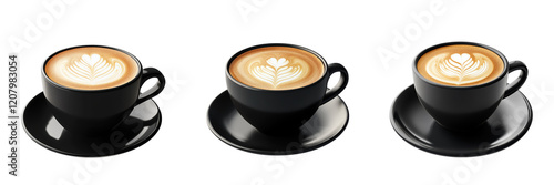 A Set of Flat White in a Modern Black Cup with Detailed Microfoam Art Isolated on transparent Background photo