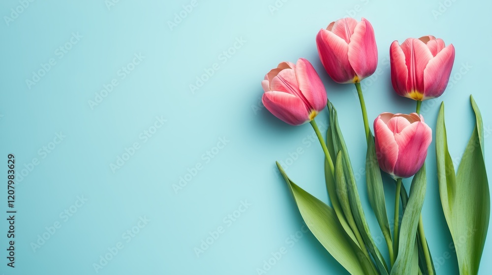 Fototapeta premium Pink tulip bouquet resting softly on pale blue background, evoking gentle romantic mood with spacious negative area