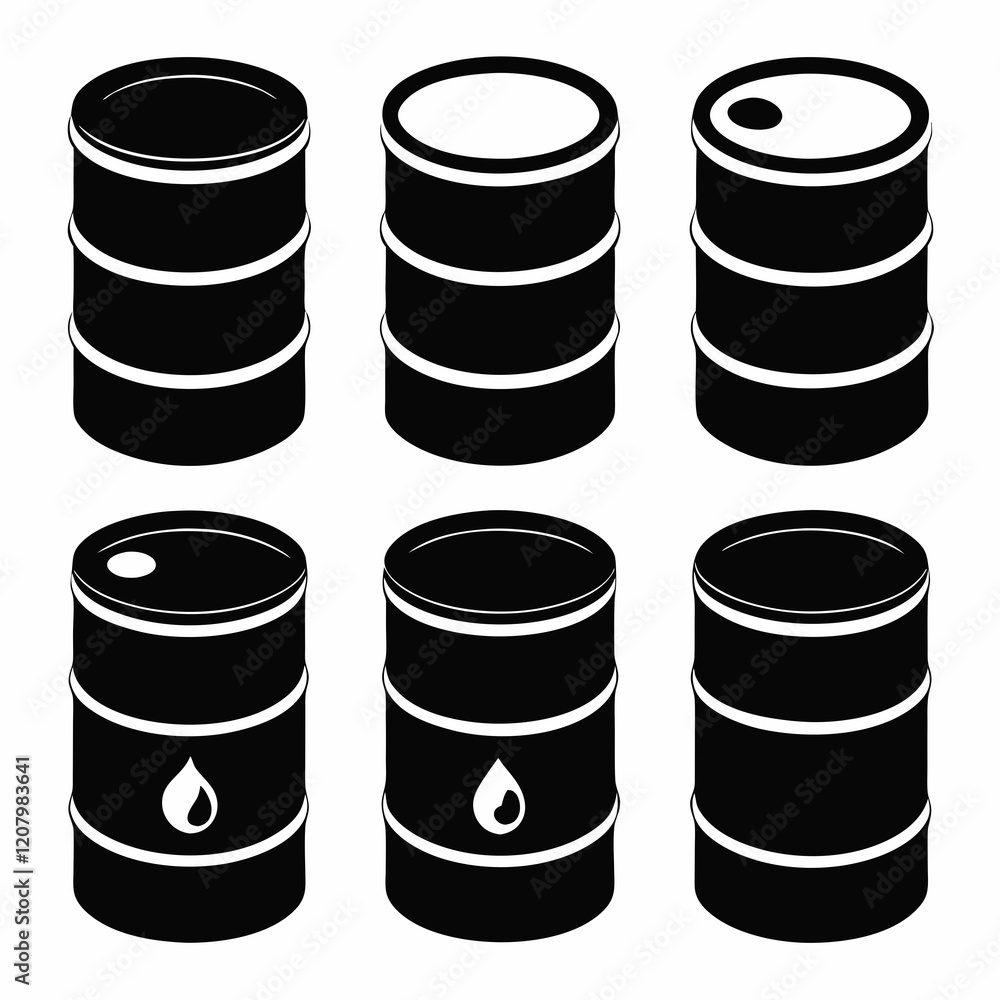 Black and White Oil Barrels Showing Different Perspectives Black and White Oil Barrels Showing Different Perspectives