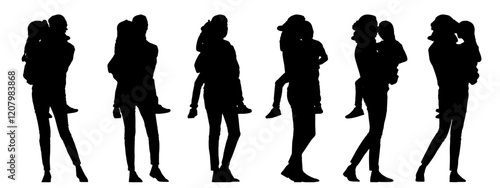 Vector concept conceptual black silhouette of a mother carrying her daughter from different perspectives isolated on white background. A metaphor for parenting, motherhood, childhood, family and love
