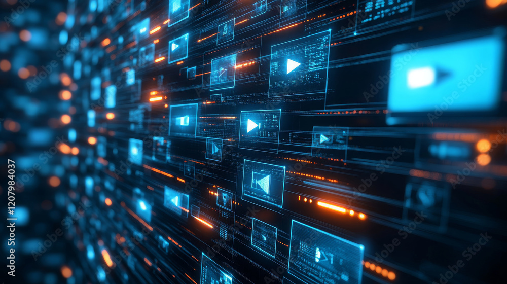 abstract composition of digital screens displaying play buttons, illuminated in blue and orange tones, creating futuristic atmosphere abstract composition of digital screens displaying play buttons, illuminated in blue and orange tones, creating futuristic atmosphere
