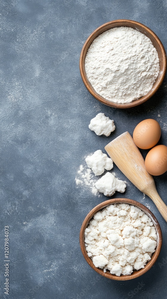 Flat lay of baking essentials including eggs, flour, and kitchen tools on a blue tabletop, fostering a warm cooking atmosphere Flat lay of baking essentials including eggs, flour, and kitchen tools on a blue tabletop, fostering a warm cooking atmosphere