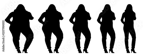 Conceptual fat overweight obese female vs slim fit healthy body after weight loss or diet on white background banner. A  fitness, nutrition or obesity, health shape illustration vector as silhouettes