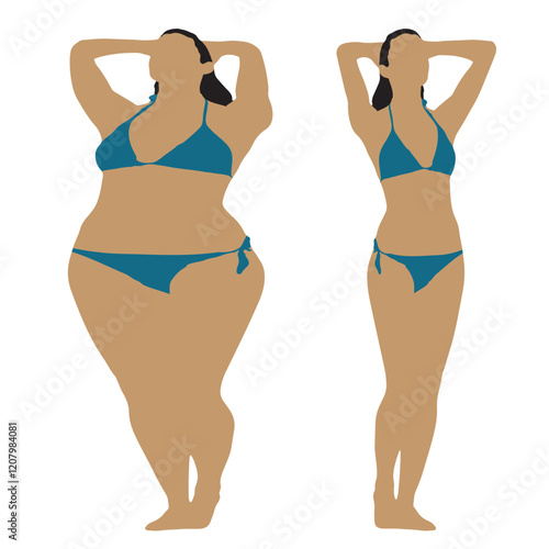 Conceptual fat overweight obese female vs slim fit healthy body after weight loss or diet on white background. A  fitness, nutrition or obesity, health shape illustration vector as silhouettes