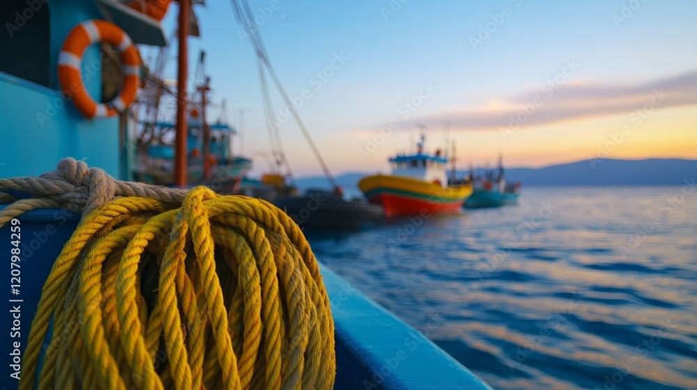 Obraz premium A colorful fishing scene at sunset with ropes in the foreground and boats in the background.