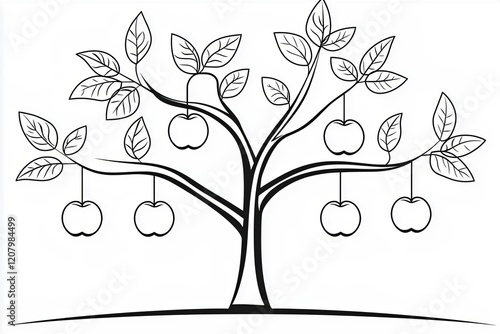 Simple drawing of a tree with round leaves and a few apples hanging.