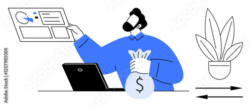 Businessman in blue pointing at screen with data, holding money bag. Laptop on desk, arrow and potted plant nearby. Ideal for finance, investment, business growth, analysis, strategy profit data
