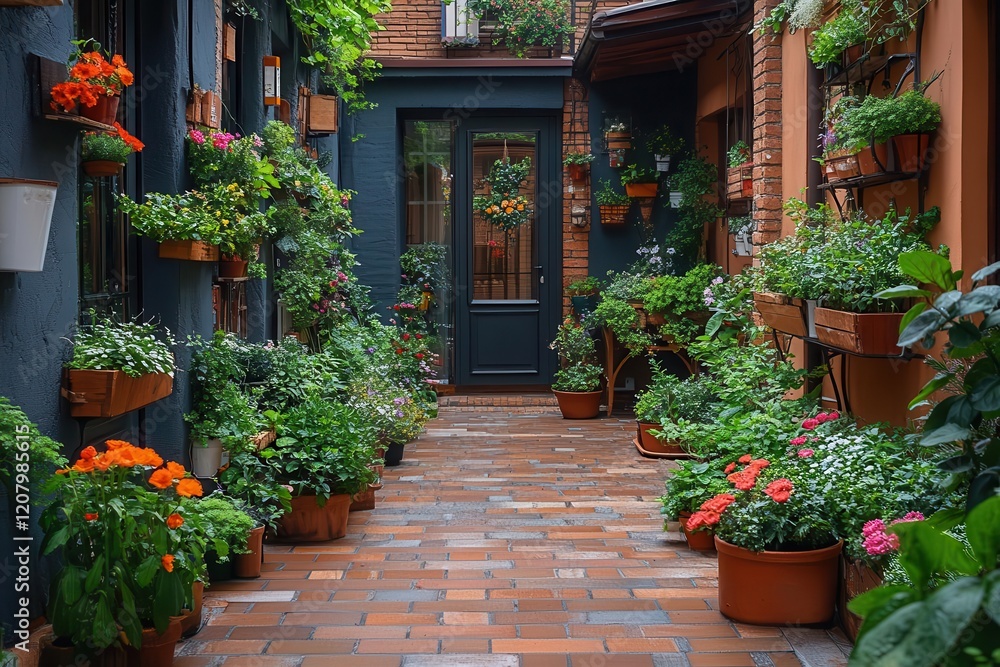 Obraz premium an urban living space bursts with life through lush greenery and vibrant flowers creating a harmonious blend of nature and modern design in a cozy setting