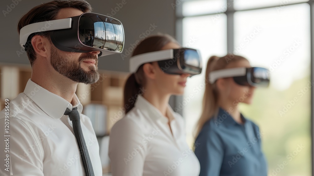 AI Strategy Planning concept. Three professionals use virtual reality headsets in a modern office setting.