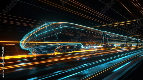A futuristic high-speed train in motion with glowing neon blue and orange lines, creating a dynamic, tech-inspired, and sleek visual.