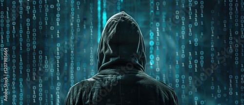 Hacker, hooded figure seen from behind against a background of glowing binary code, representing cybersecurity, hacking, and digital anonymity in a mysterious, tech-driven atmosphere.