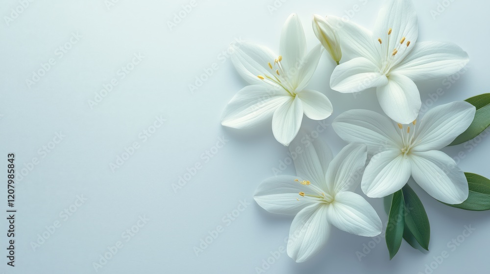 White lily flowers and buds arranged on a light blue background, creating a peaceful and elegant floral composition with copy space White lily flowers and buds arranged on a light blue background, creating a peaceful and elegant floral composition with copy space