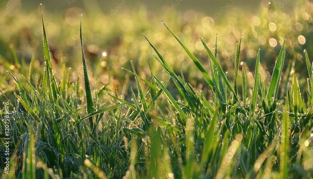 Obraz premium Dew-covered green grass blades with intricate texture in the early morning light.