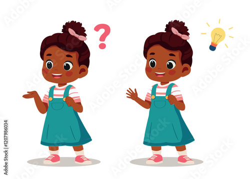 happy cute kid girl standing question think search idea process	