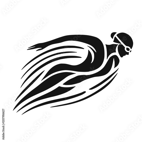 A black and white silhouette of woman swimmer, minimalist stroke lines, minimalist art, vector, isolated, transparent background