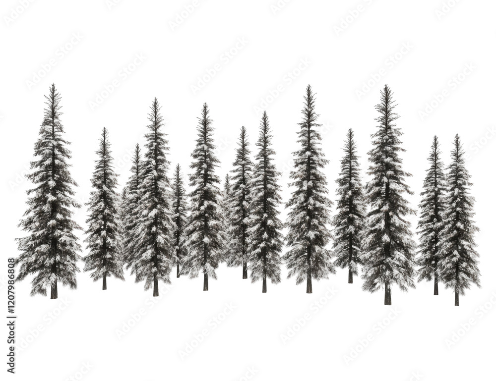 Obraz premium Snowy evergreen trees, winter forest, coniferous trees, isolated on white background, perfect for winter designs.