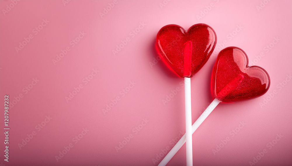 Two Red Heart Shaped Lollipops on Pink Background Two Red Heart Shaped Lollipops on Pink Background