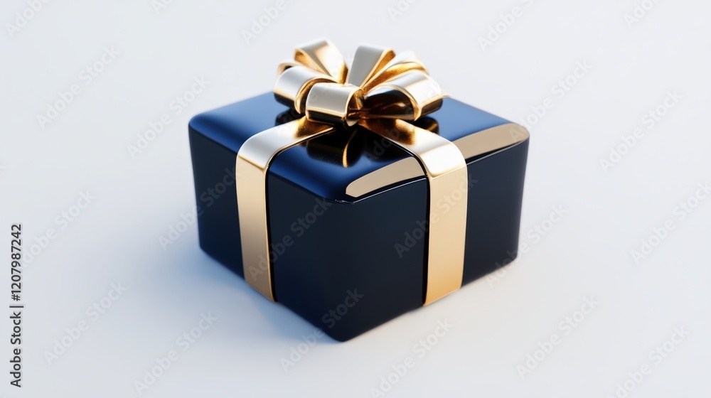 A dark blue gift box with a gold ribbon bow A dark blue gift box with a gold ribbon bow