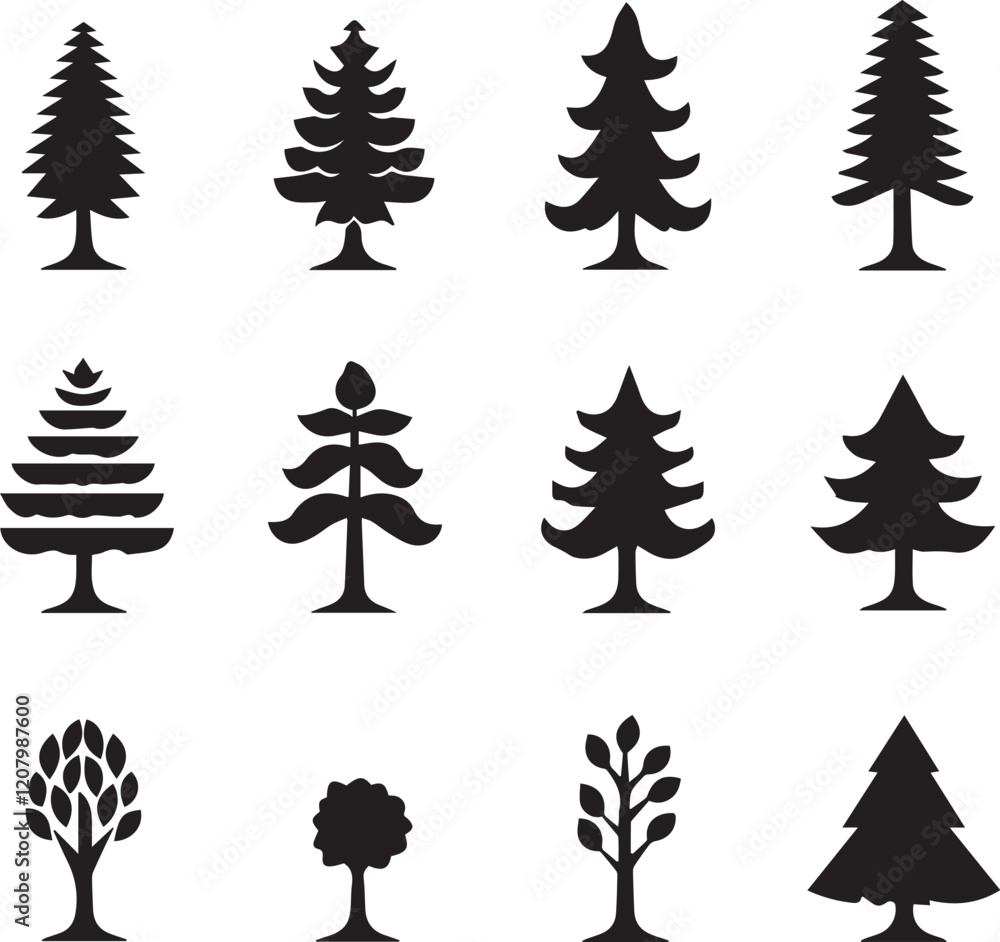 Obraz premium Set of back silhouette line Christmas trees vintage graphic vector