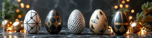 Elegant artistic easter eggs with geometric patterns on marble background photo