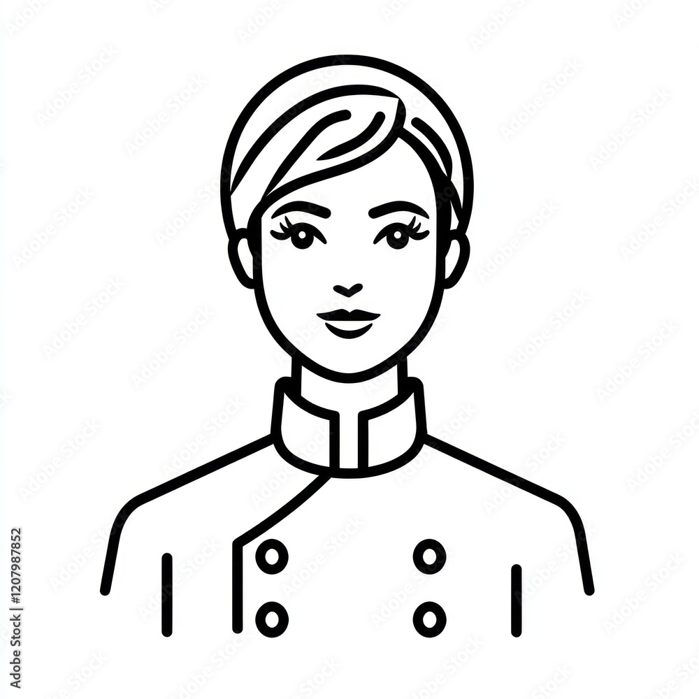 Female person in a chef jacket, line art, portrait, possible use for hospitality illustration Female person in a chef jacket, line art, portrait, possible use for hospitality illustration