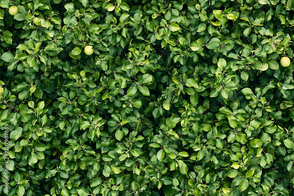 Fototapeta premium Lush green foliage densely covering the scene with a few hidden young green apples peeking through, depicting a vibrant, thriving apple orchard in full bloom.